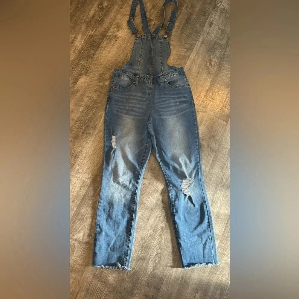 YMI‎ Womens Adjustable Strap Stretch Frayed Hem Distressed Denim Overall Sz 7